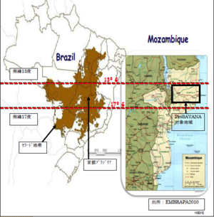 Diapositiva de una presentación realizada por el Ministerio de Agricultura de Mozambique sobre el proyecto ProSavana durante la Conferencia Triangular del Pueblo, Maputo, 8 de agosto de 2013. La diapositiva muestra que el proyecto busca reproducir la rápida expansión de las plantaciones de soja ocurrida en el Cerrado brasileño. (ProSavana)