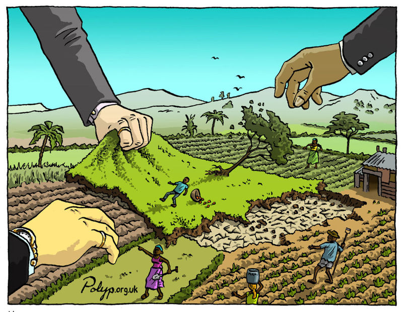 En farverig illustrerende tegneserie, der skildrer landmænd, der bogstaveligt talt har stjålet deres jord fra dem af store hænder i dragter