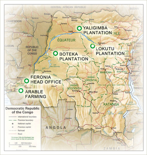 Mapa que muestra la locación de las plantaciones de Feronia en RDC. (Feronia)