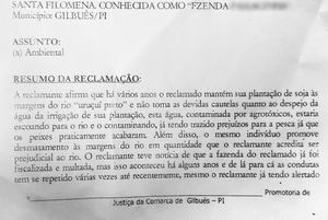 Complaint filed on the impacts caused by the use of agrochemicals for soybean production, Santa Filomena, Piauí. 