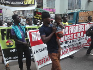 Manifestation contre Monsanto à Accra, Ghana – Le gouvernement Ghanéen devra négocier des régulations de la propriété intellectuelle, notamment le savoir traditionnel et les ressources génétiques, en raison d'une clause inclue dans un Accord de Partenariat Economique intérimaire signé avec l'UE.
