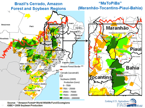 Carte de la région du BAMPAPITO, montrant la zone du Cerrado et la zone de production du soja, 2009. (Source : USDA)