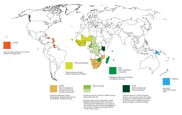 Esta ilustração apresenta grupos regionais em diversos estágios de negociação ou de assinatura do APE. Actualmente, apenas as Caraíbas assinaram um APE completo. Na África e no Pacífico, os acordos foram reduzidos para textos provisórios que envolvem apenapenas o comércio de bens. Na África Ocidental, por exemplo, todos os países assinaram excepto a Nigéria, a Gâmbia e a Mauritânia. Na África Central, apenas Camarões cedeu e assinou. Cabe notar que, sob a pressão de Bruxelas, todos esses países negociaram como blocos regionais, com a expectativa de que assinariam em conjunto. Isso significa, por exemplo, que o Quénia não poderá gozar de certos benefícios previstos no APE enquanto todos os países da CAO não tiverem ratificado o acordo. Está claro, portanto, que essa abordagem não contribuiu muito para a integração regional africana, muito pelo contrário.