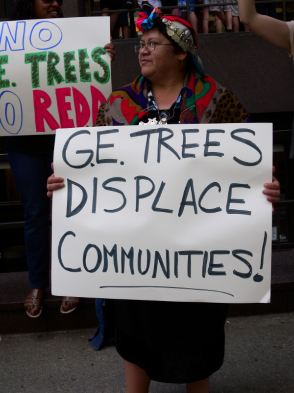 Mapuche woman protests outside of the Belgian Mission in Manhattan. Photo: Langelle