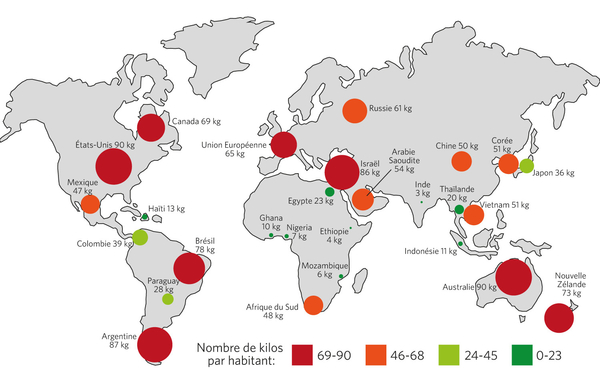 Adaptation de : Skye Gould/Business Insider, « How much meat people eat around the world » (infographique), 29 septembre 2016, http://www.businessinsider.com/where-do-people-eat-the-most-meat-2016-10