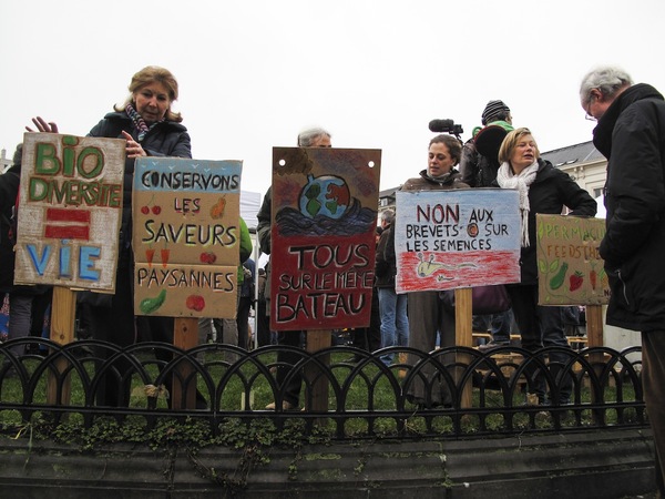Manifestation paysanne et citoyenne devant le parlement européen à Bruxelles pour demander la défense des semences paysannes en janvier 2014. (Photo : ECVC)