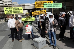 Manifestation d'apiculteurs contre les insecticides néonicotinoïdes, le 27 mars 2014, à Bordeaux. (Photo : Nicolas Tucat/AFP)