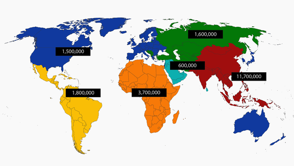 Victims of forced labour by region. Adapted from the ILO 2012 Global estimate of forced labour.