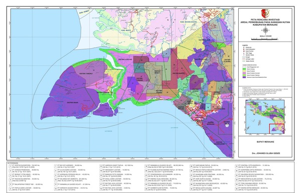 MIFEE investment plan map. This map comes from the initial planning documents from 2010. No updated maps have been published since then. Source: Merauke Promotion and Investment Agency (BAPINDA), 2010.