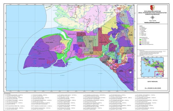 Este mapa é derivado dos primeiros documentos de planejamento, de 2010. Nenhum mapa foi publicado desde então, que mostre os planos atuais. Fonte: Agência de Promoção e Investimento de Merauke (BAPINDA), 2010