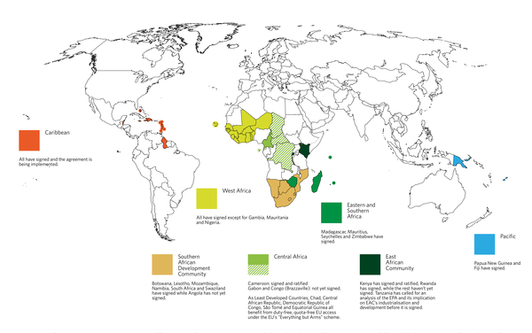 This illustration represents regional groupings at different stages of signing or negotiating the EPA. Currently, only the Caribbean has signed onto a full EPA while the agreements in Africa and the Pacific have been scaled back to interim texts that only concern trade in goods for now. In West Africa, for example, all countries have signed except for Nigeria, Gambia and Mauritania. In Central Africa, only Cameroon broke ranks and signed. It should be noted that under pressure from Brussels, all of these countries negotiated as regional blocs under the expectation that they would sign as a bloc. This means that Kenya, for instance, cannot enjoy certain benefits that come with the EPA until all EAC countries ratify the deal. It is therefore clear that this approach did not do much for the African regional integration process – on the contrary.