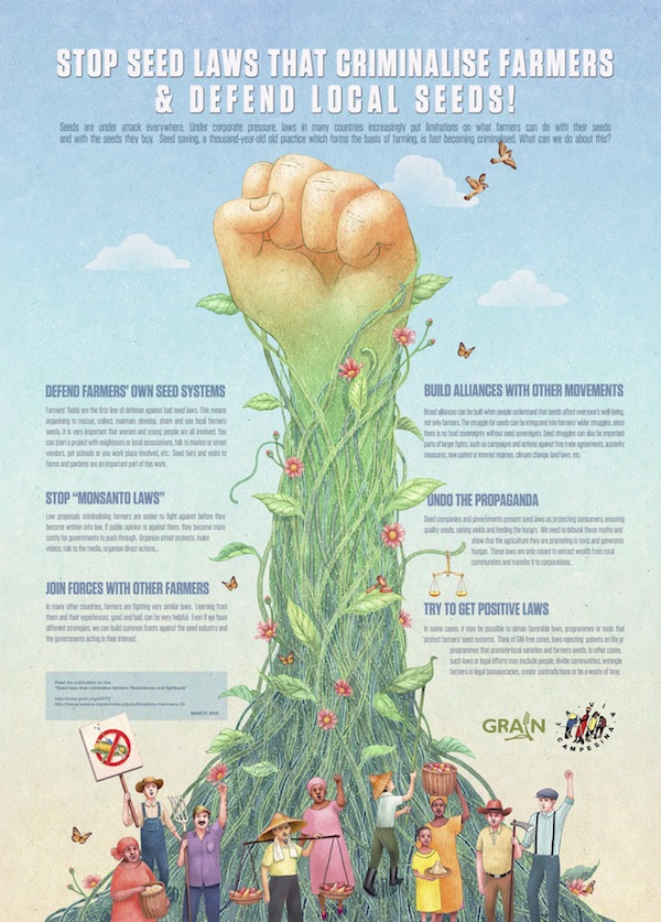A fist, symbolizing resistance, emerges from the top of a tangled plant, with famers at the base